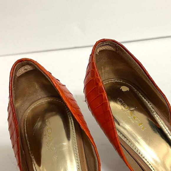 Coach Heels Pointed Toe Tan Burlap Orange Snakeskin Camille Q4508 Size 9.5 - Picture 9 of 14